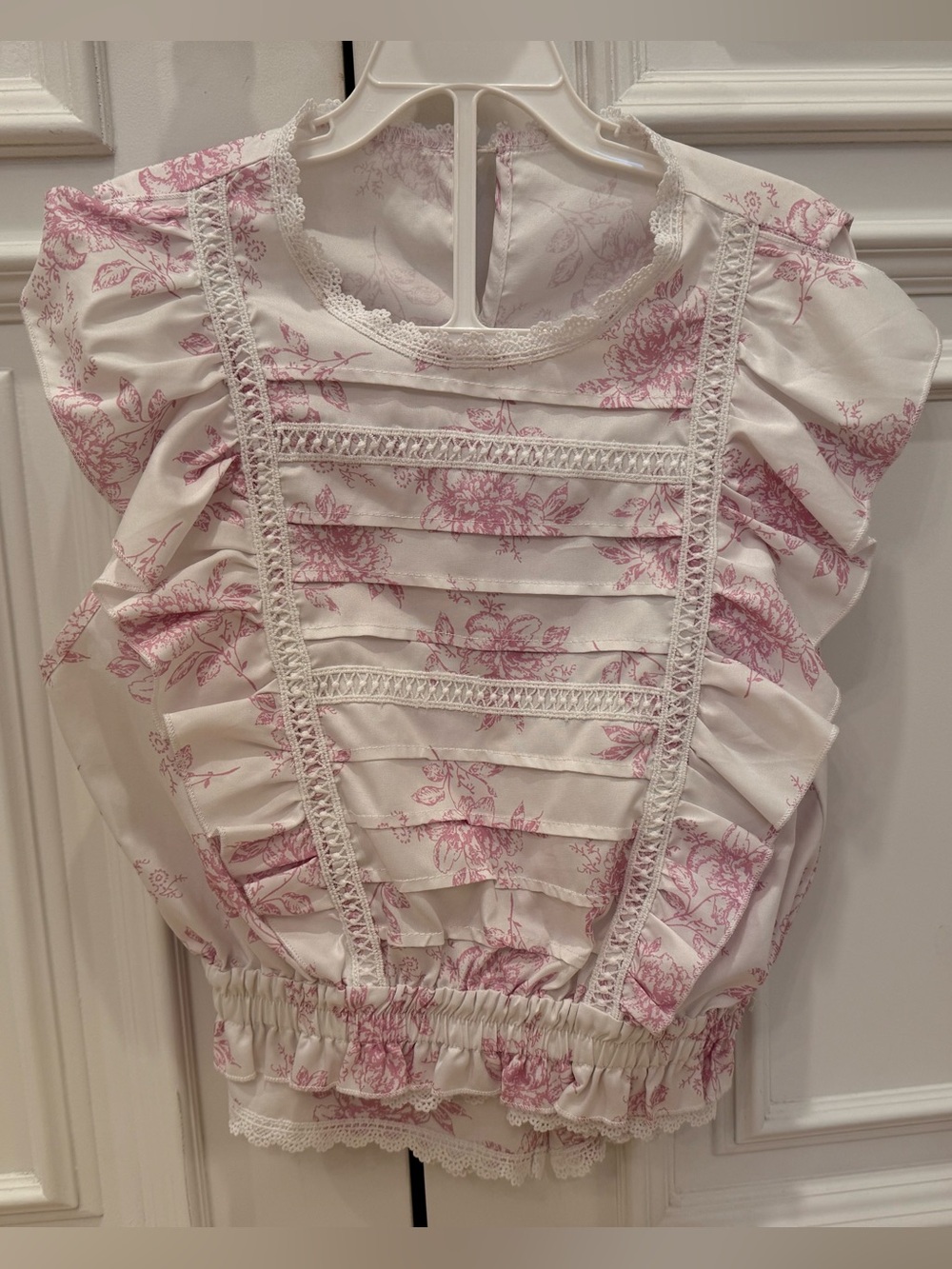 White and Pink Floral Ruffle Blouse and Skort Set